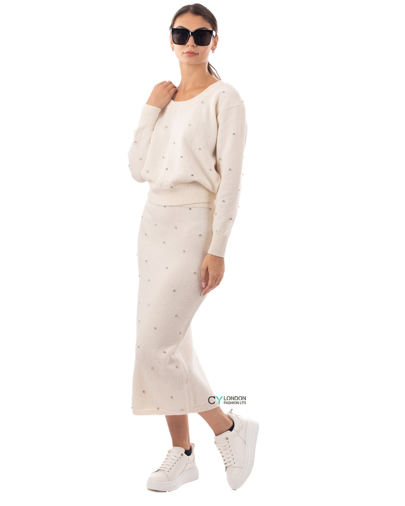 Fine knit pencil skirt with Faux Pearls embellished design co-ords in white