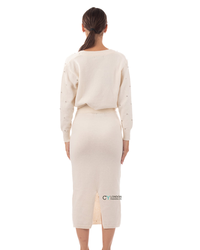 Fine knit pencil skirt with Faux Pearls embellished design co-ords in white