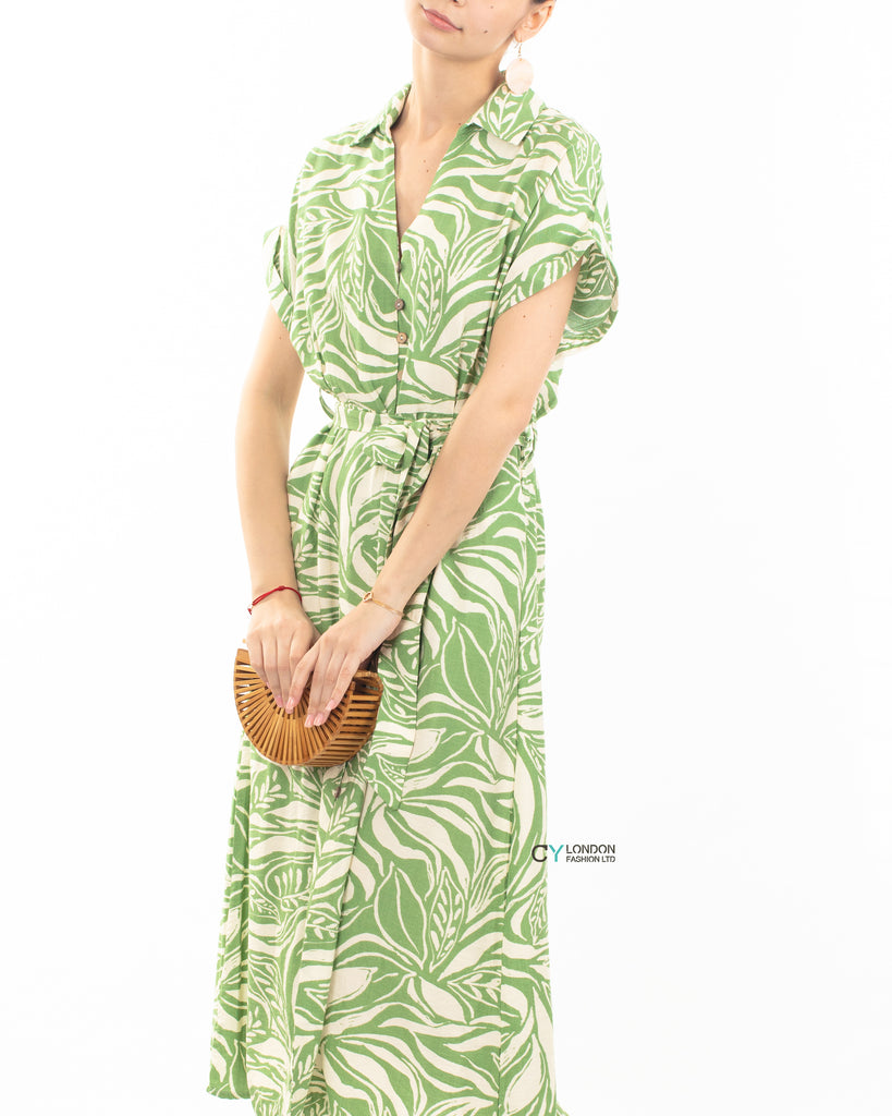 Multi Leaves' print Cotton Linen shirt dress short sleeves in Green