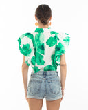 Green leaves' print with double layer sleeves design crop shirt top