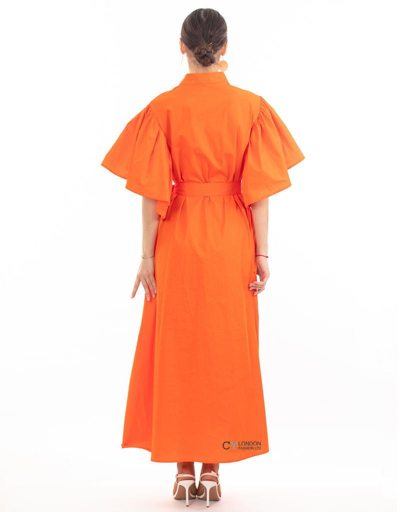 Cotton blend oversized shirt dress with ruffle sleeves design in orange