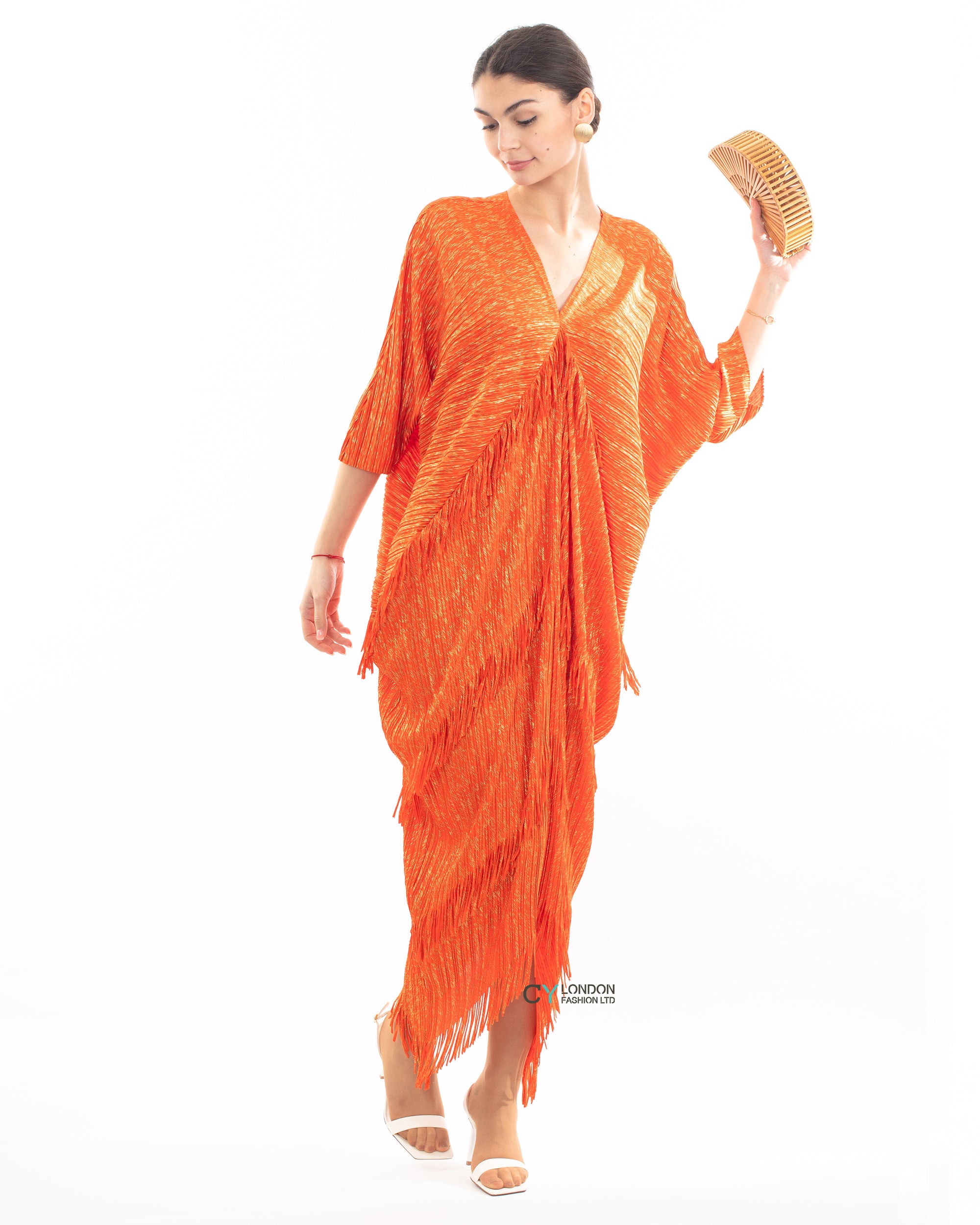 Layers Multi Fringed Tassel Pleated Midi Dress in Orange