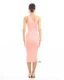 Knitted stretch cotton Bodycon midi dress with Camellias Brooches in pink