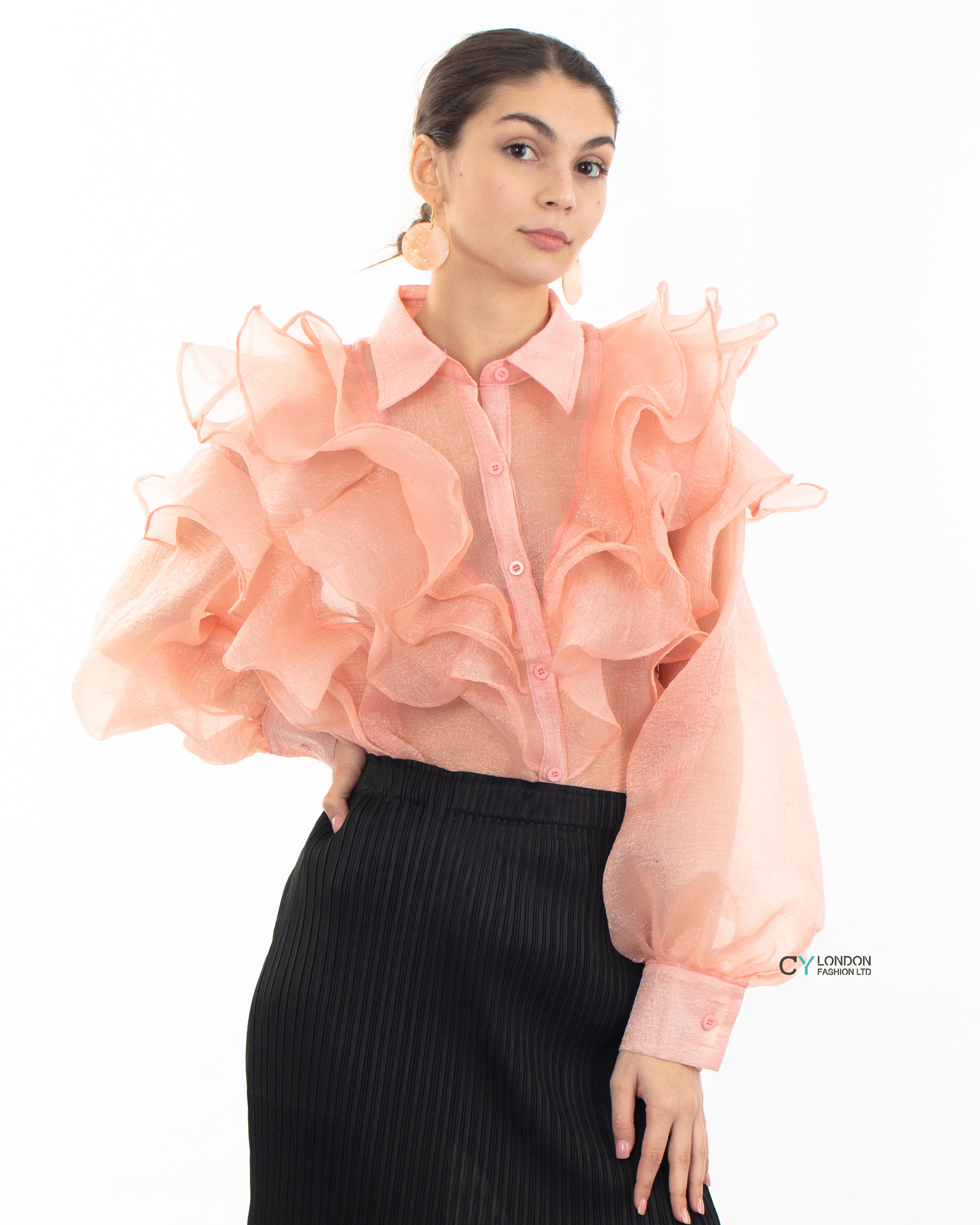 Multi Layer ruffles design sheer organza shirt in Dusty Pink