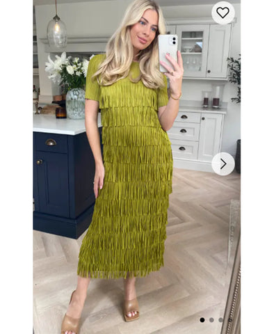 Pleated Midi dress with multi layer fringed tassel design in green