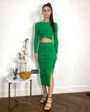 Long Sleeve Knit crop top with side lace up midi skirt co-ords in green