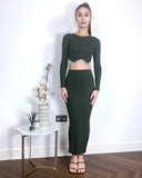 Scalloped shape knit top with diamonded chain embellish and midi skirt co-ords in green