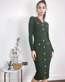 Long sleeves Buttons Design Midi bodycon dress in green