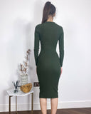 Long sleeves Buttons Design Midi bodycon dress in green