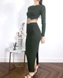 Scalloped shape knit top with diamonded chain embellish and midi skirt co-ords in green