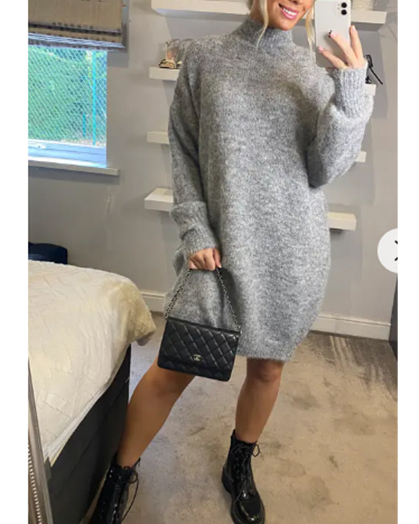 Super Soft Fine Knit Plain Color Funnel Neck Long Jumper Dress in grey