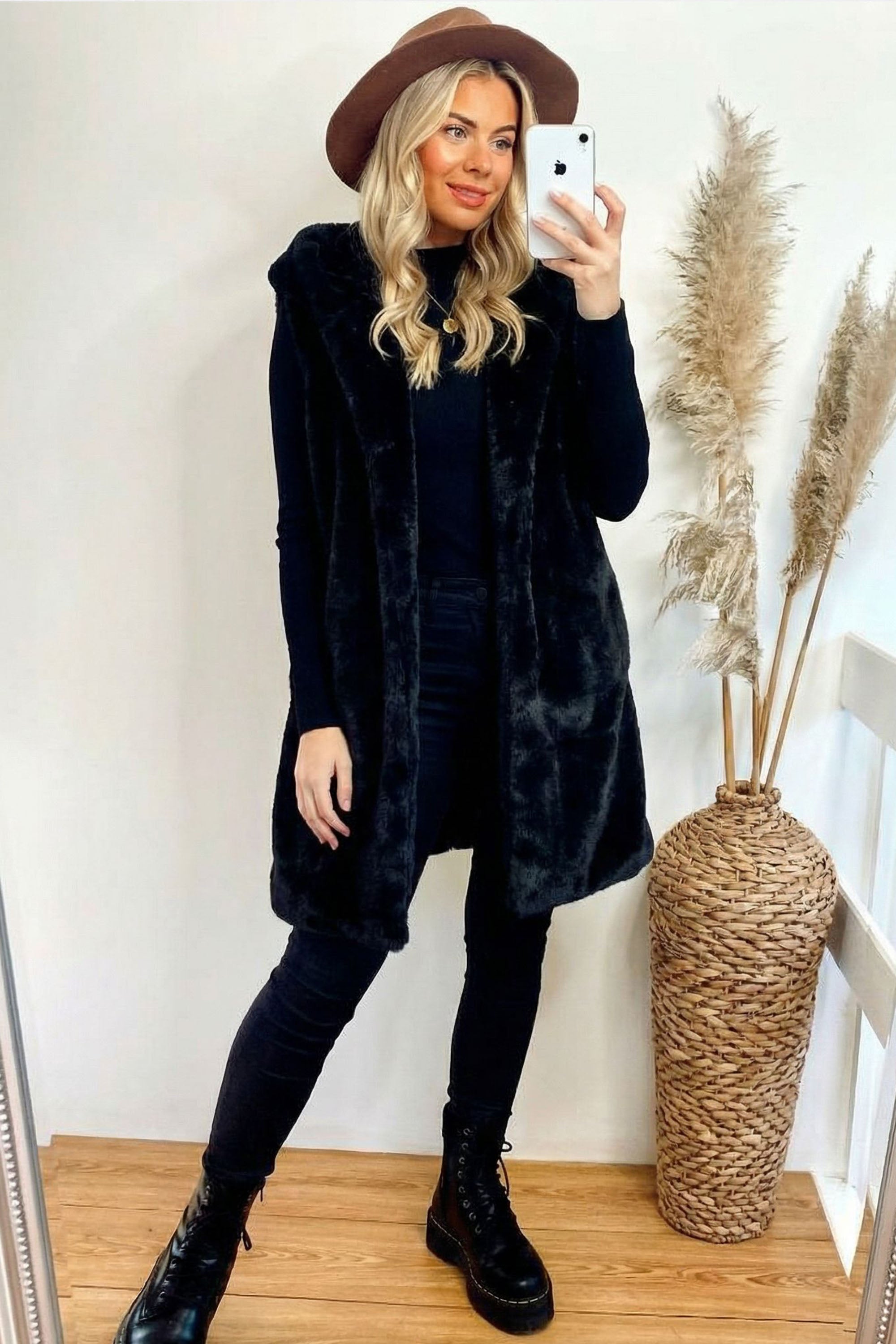 Plus Size Faux Fur Long Gilet with Hoodie