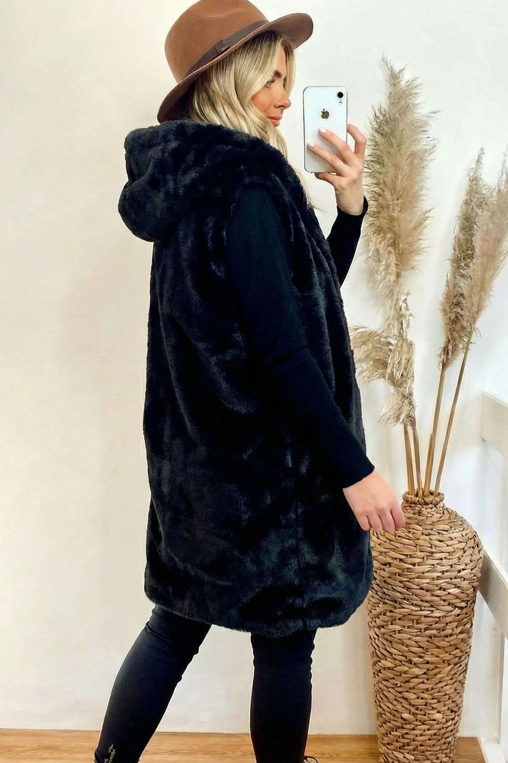 Plus Size Faux Fur Long Gilet with Hoodie