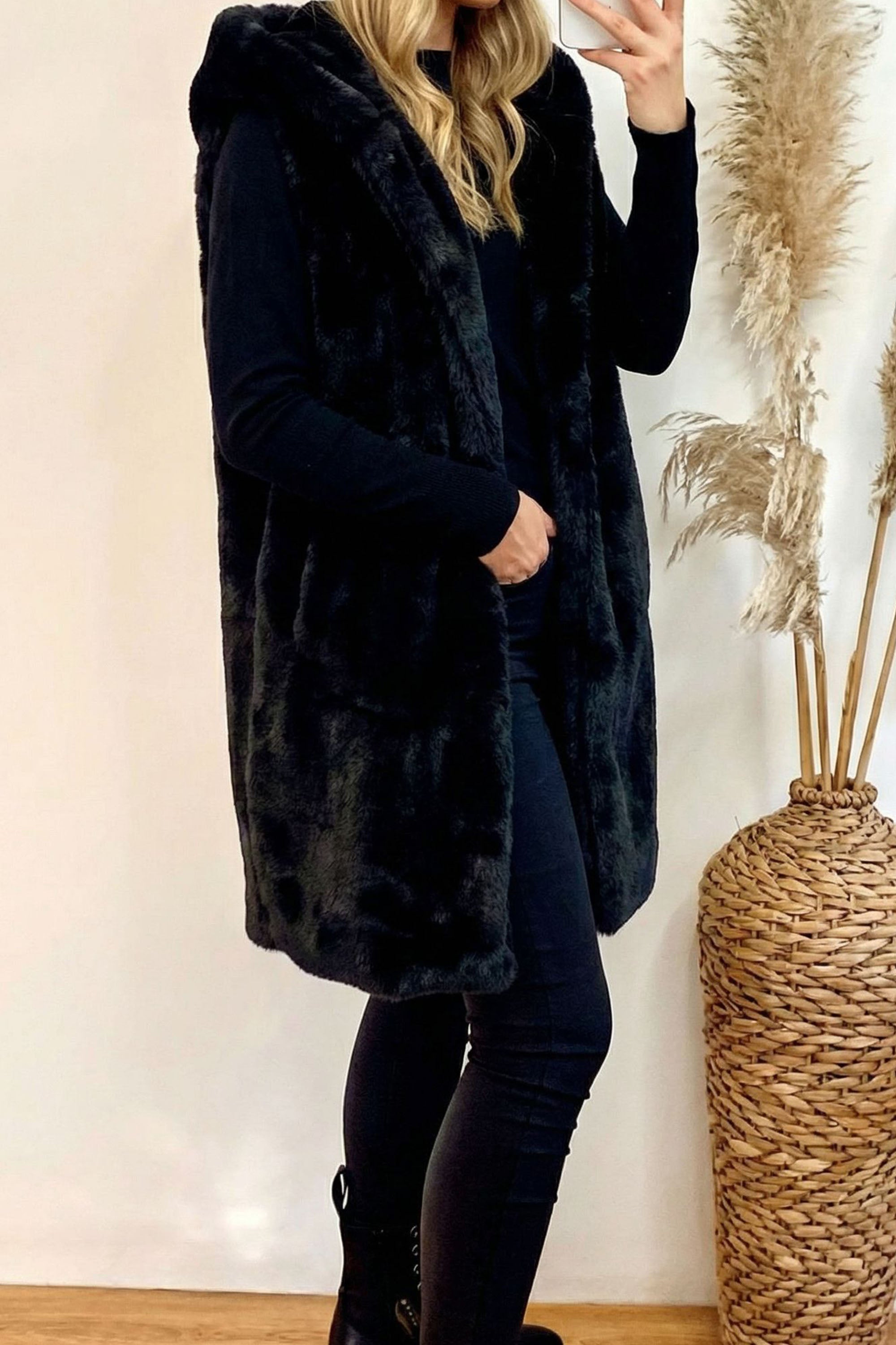 Plus Size Faux Fur Long Gilet with Hoodie