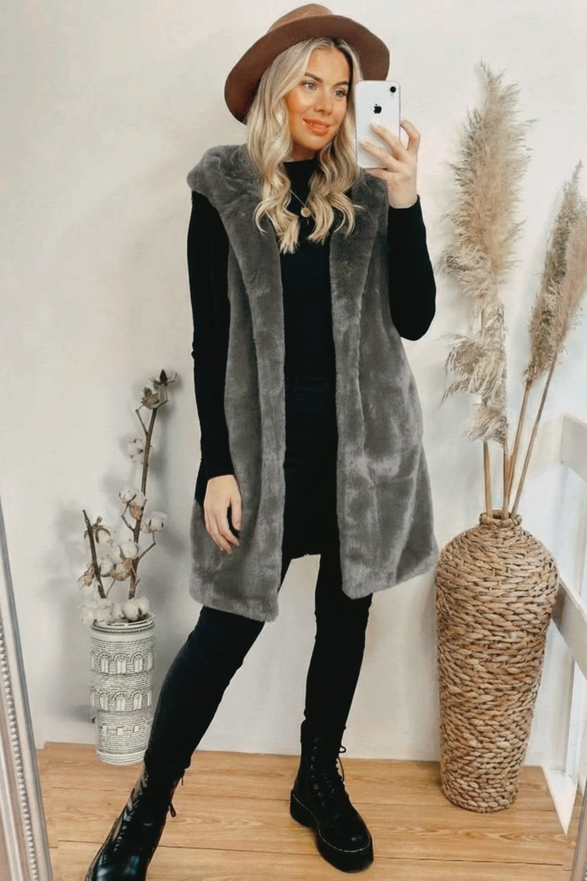 Plus Size Faux Fur Long Gilet with Hoodie