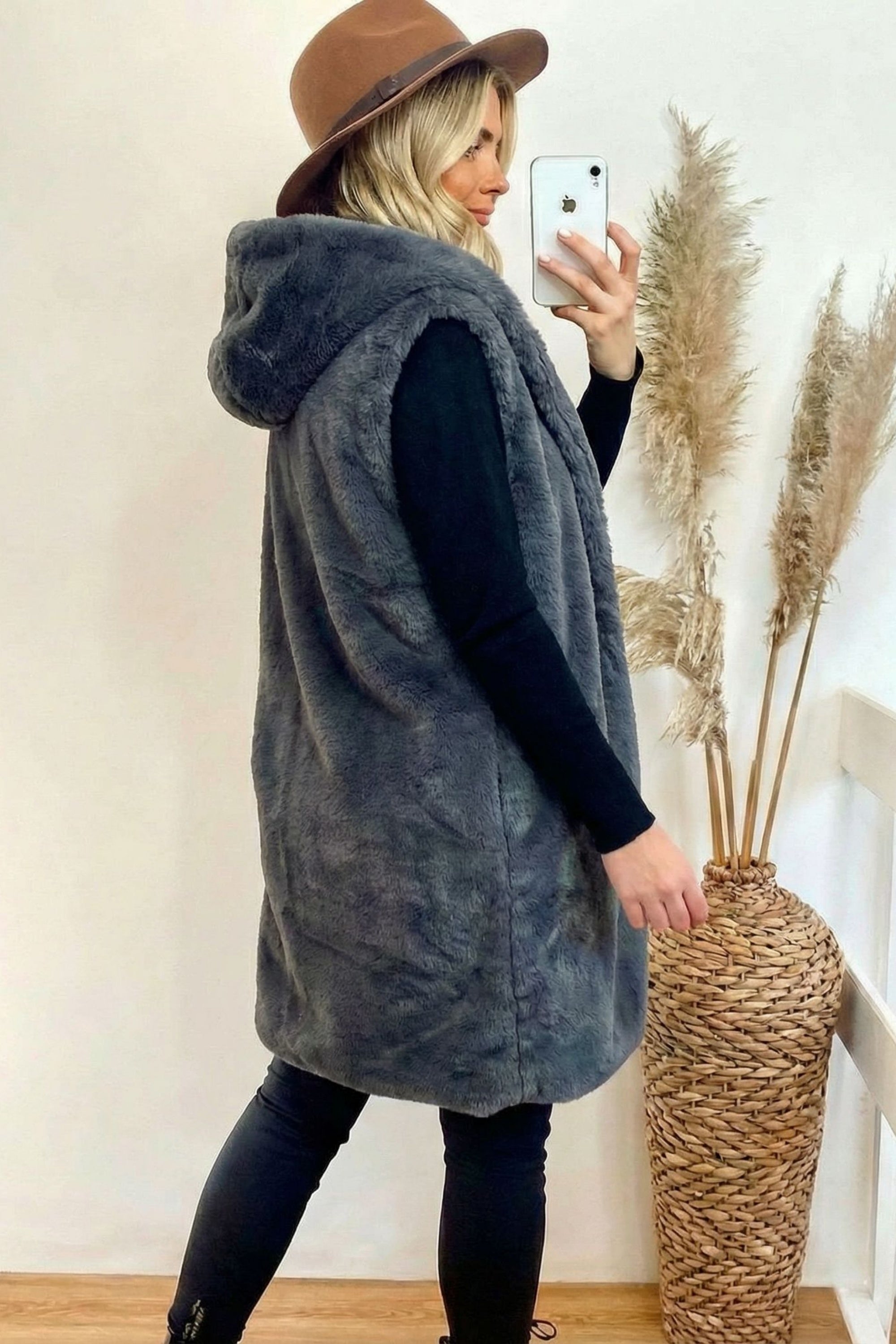 Plus Size Faux Fur Long Gilet with Hoodie