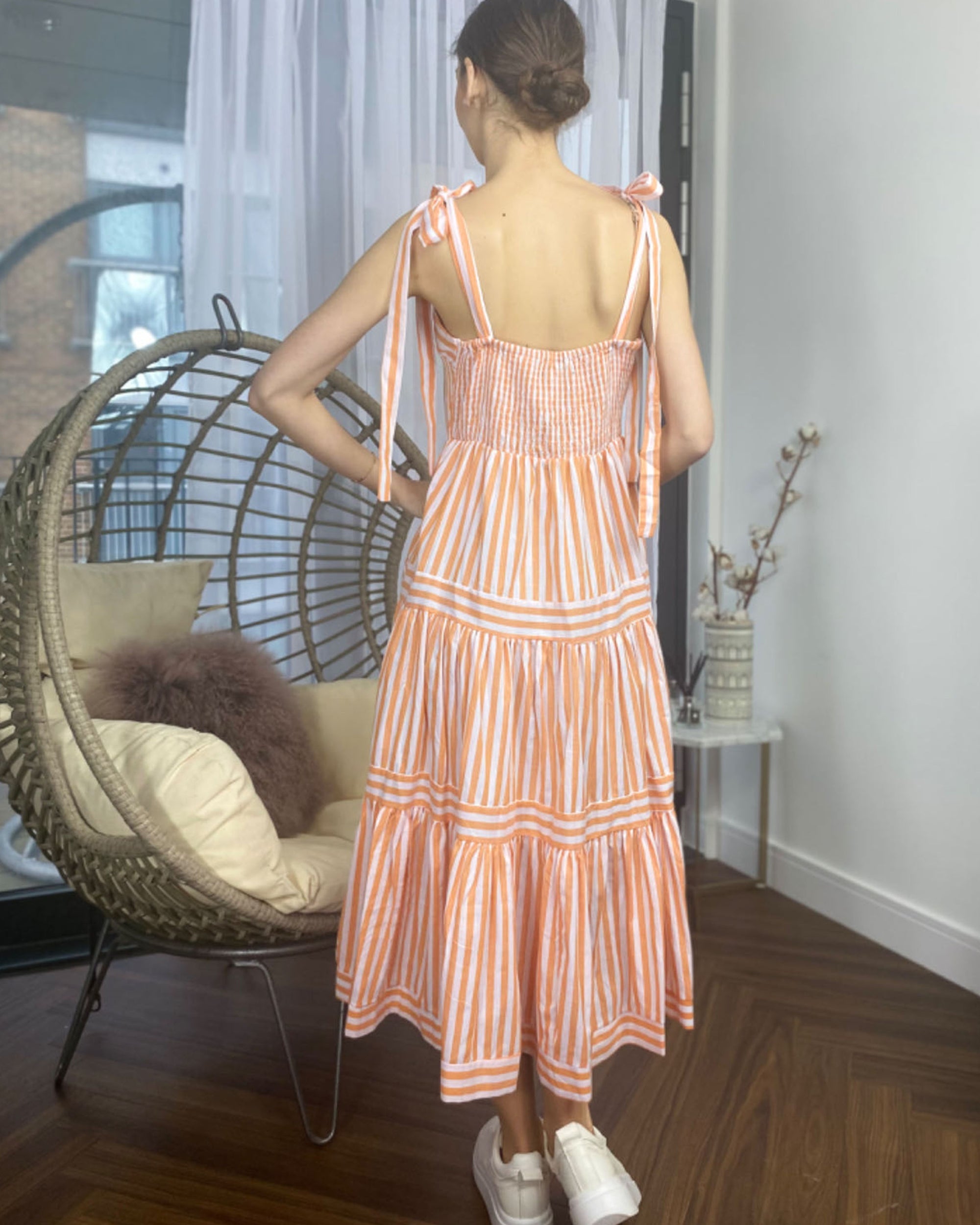 Orange Stripe Print Comfort Cotton Blend Midi Dress
