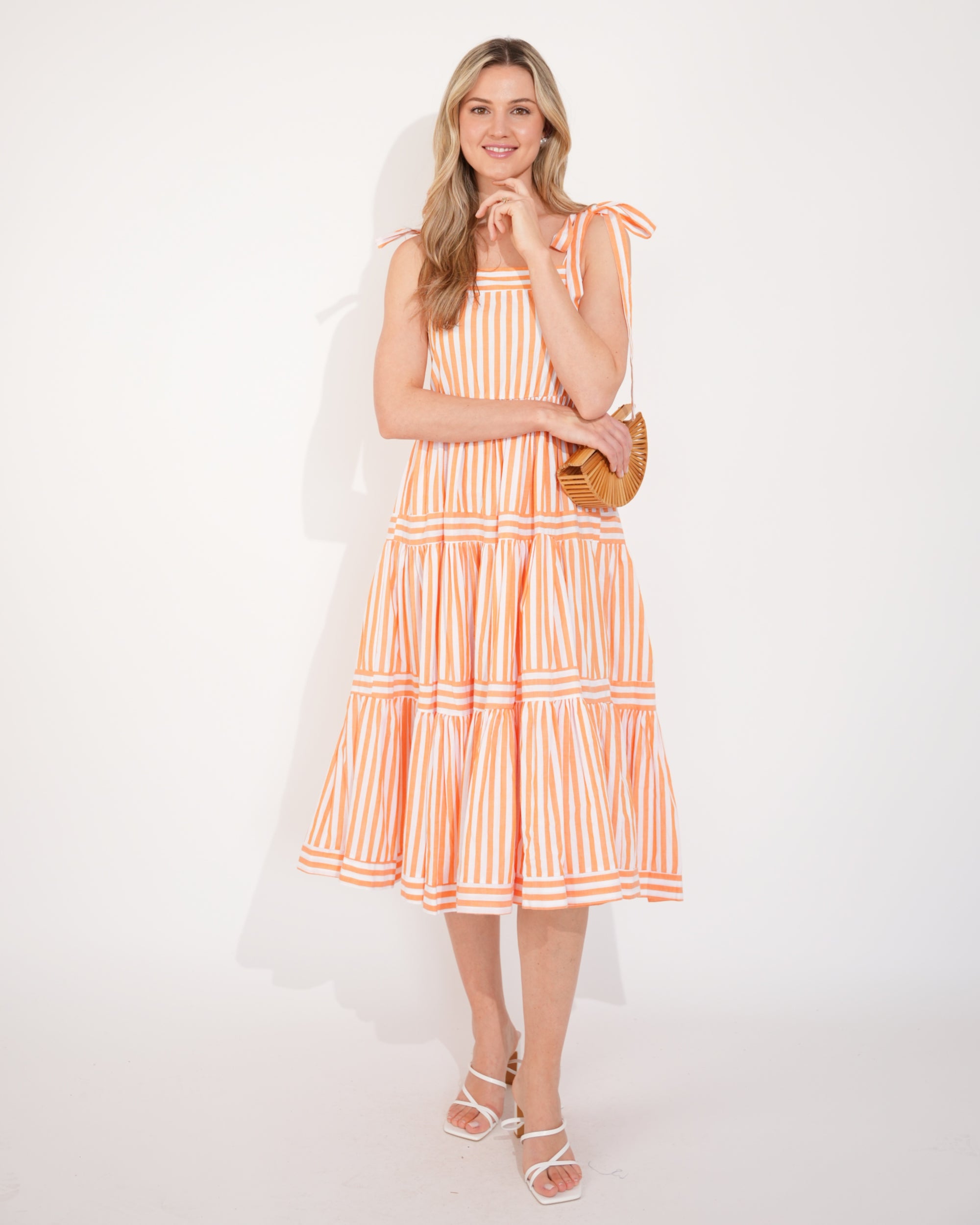 Orange Stripe Print Comfort Cotton Blend Midi Dress