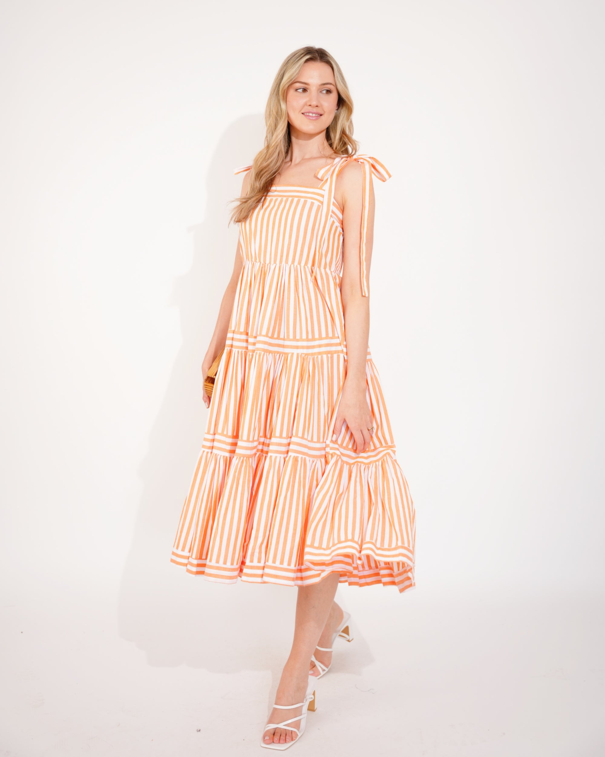 Orange Stripe Print Comfort Cotton Blend Midi Dress