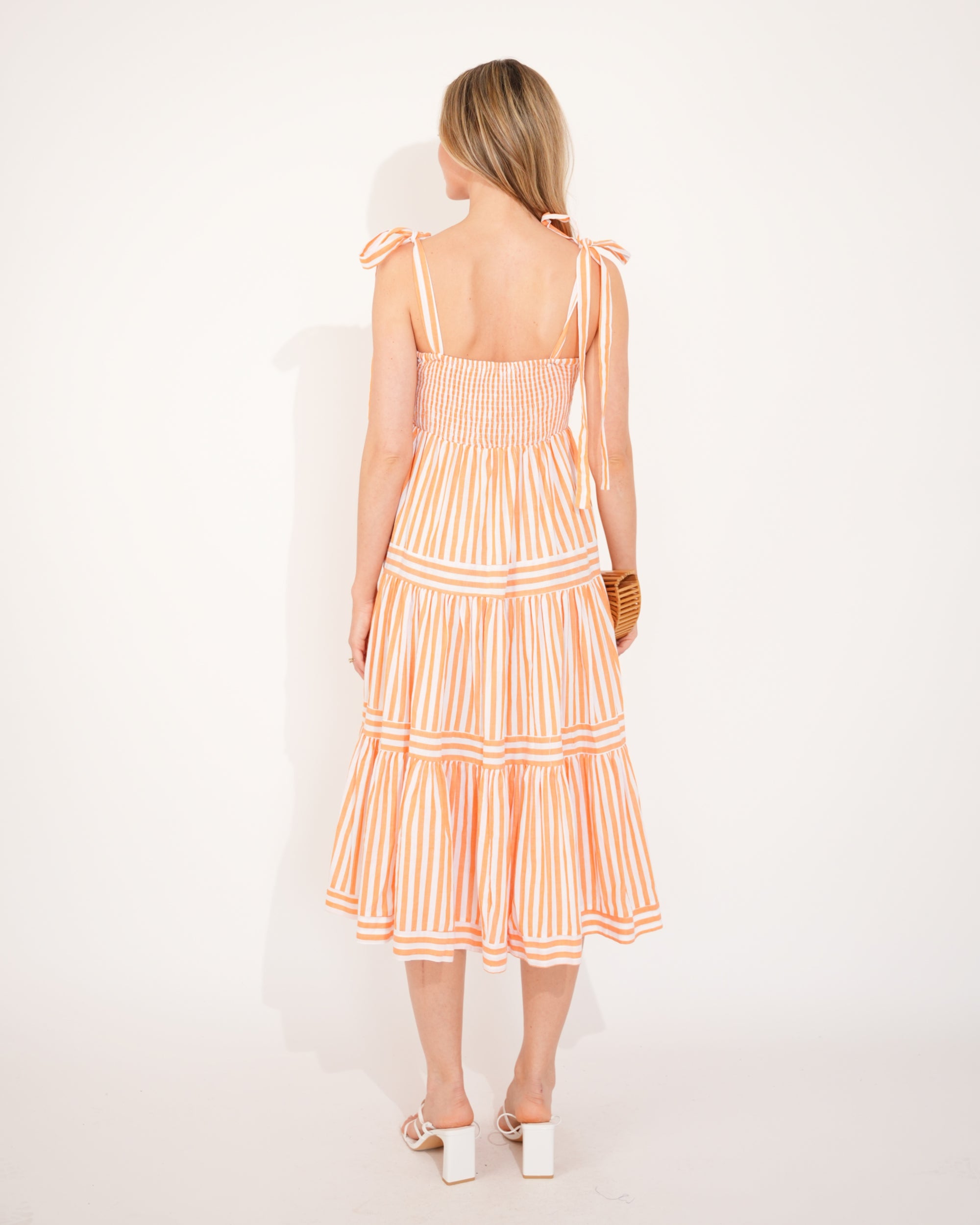 Orange Stripe Print Comfort Cotton Blend Midi Dress