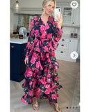 Floral Print Ruffl Multi Layer Hem design Maxi Dress in Pink