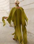 Elegant Pleated Cape Sleeve Maxi Dress with Tie Waist in Green