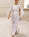 Elegant Pleated Cape Sleeve Maxi Dress with Tie Waist in White