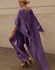 Elegant Pleated Cape Sleeve Maxi Dress with Tie Waist in Purple