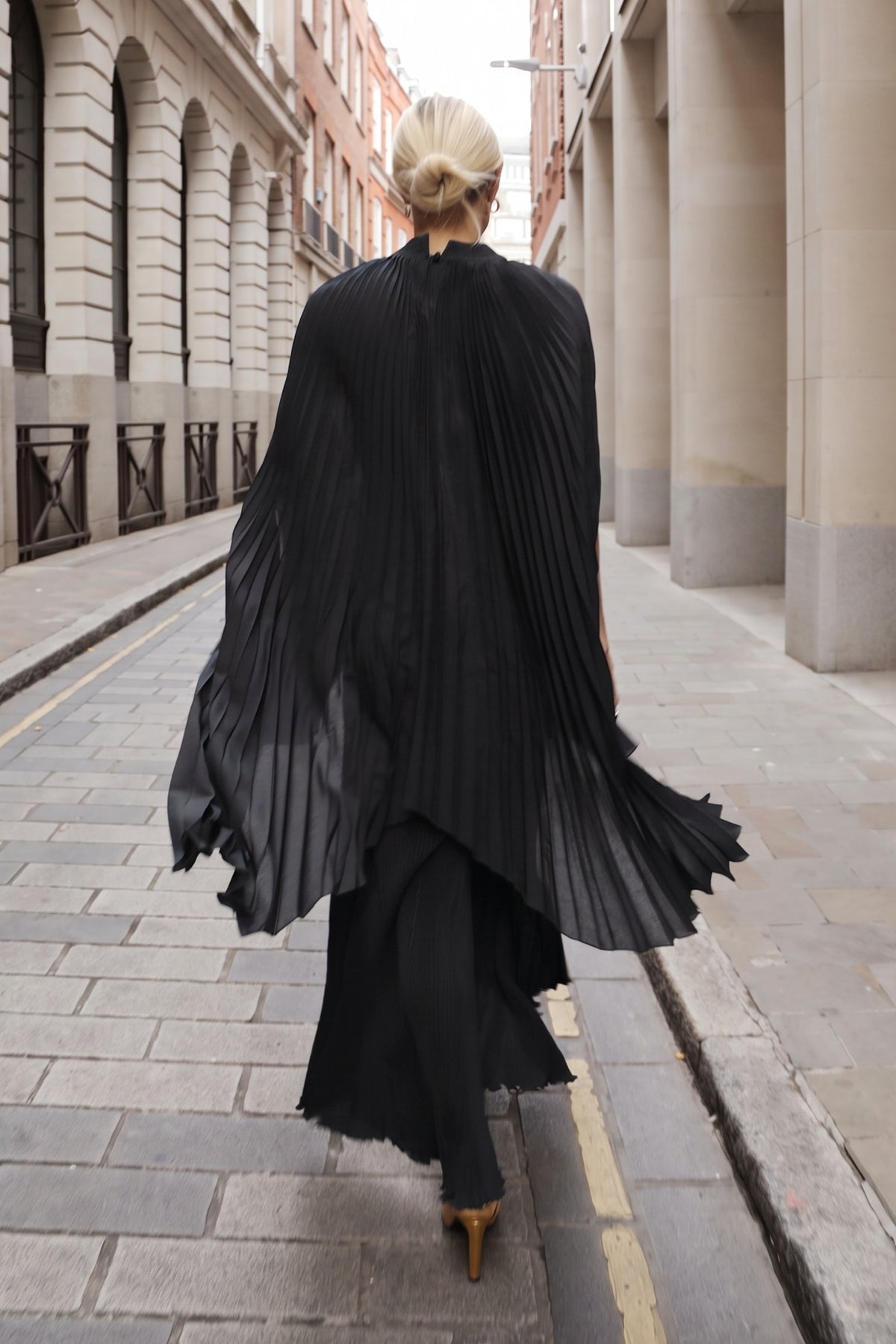 Pleated Cape Top, Vest &amp; Wide Leg Trouser Set In Black