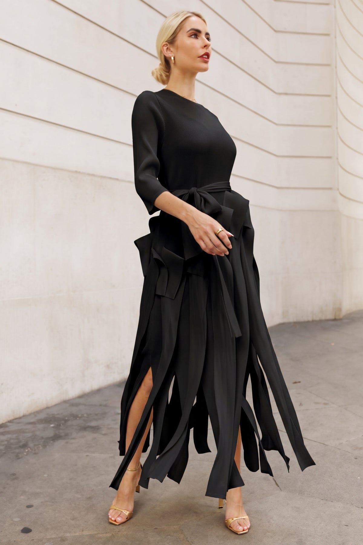Statement Pleated Fringe Maxi Dress with Tie Waist in Black