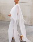 Elegant Pleated Cape Sleeve Maxi Dress with Tie Waist in White