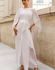 Elegant Pleated Cape Sleeve Maxi Dress with Tie Waist in White