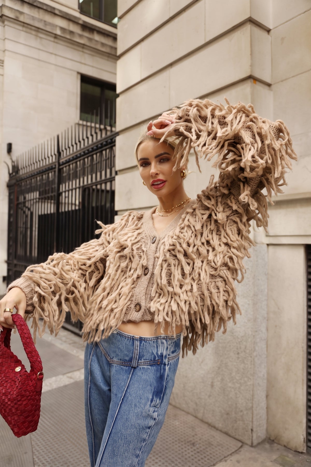 Statement Shaggy Fringe Hand-Knit Cardigan in Light Brown