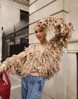 Statement Shaggy Fringe Hand-Knit Cardigan in Light Brown