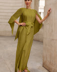 Elegant Pleated Cape Sleeve Maxi Dress with Tie Waist in Green