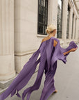 Elegant Pleated Cape Sleeve Maxi Dress with Tie Waist in Purple