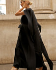 Elegant Pleated Cape Sleeve Maxi Dress with Tie Waist in Black