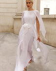 Elegant Pleated Cape Sleeve Maxi Dress with Tie Waist in White