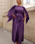 Elegant Pleated Cape Sleeve Maxi Dress with Tie Waist in Purple