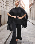Pleated Cape Top, Vest & Wide Leg Trouser Set In Black