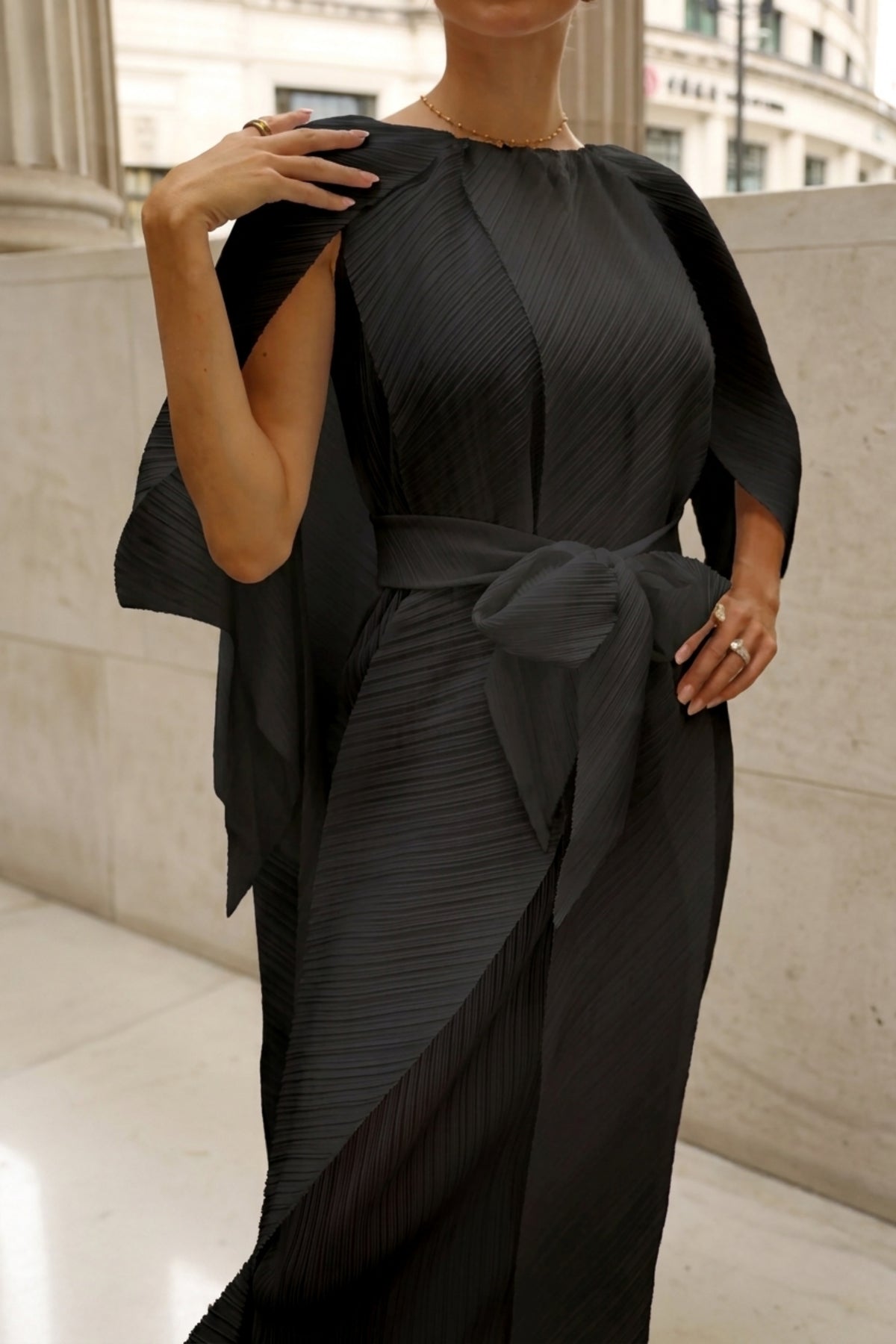 Elegant Pleated Cape Sleeve Maxi Dress with Tie Waist in Black