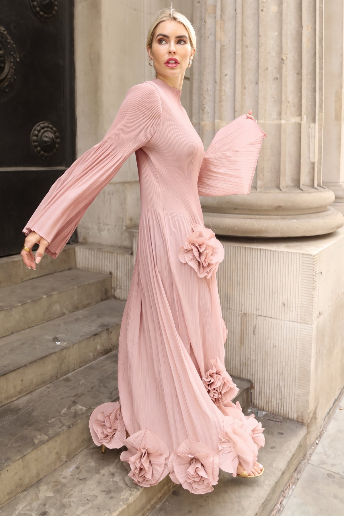 3D Floral Appliqué Pleated Maxi Dress with Statement Flare Sleeves