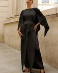 Elegant Pleated Cape Sleeve Maxi Dress with Tie Waist in Black