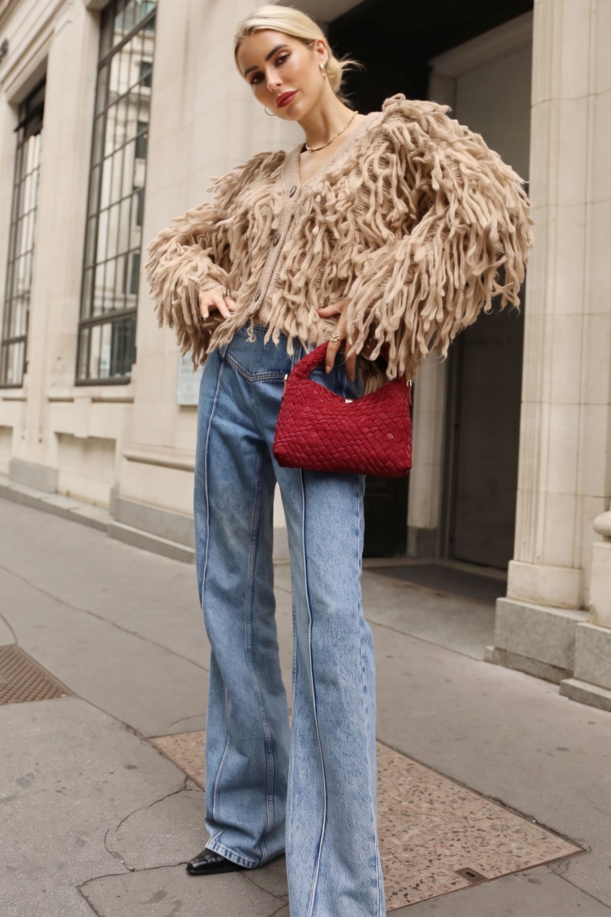 Statement Shaggy Fringe Hand-Knit Cardigan in Light Brown