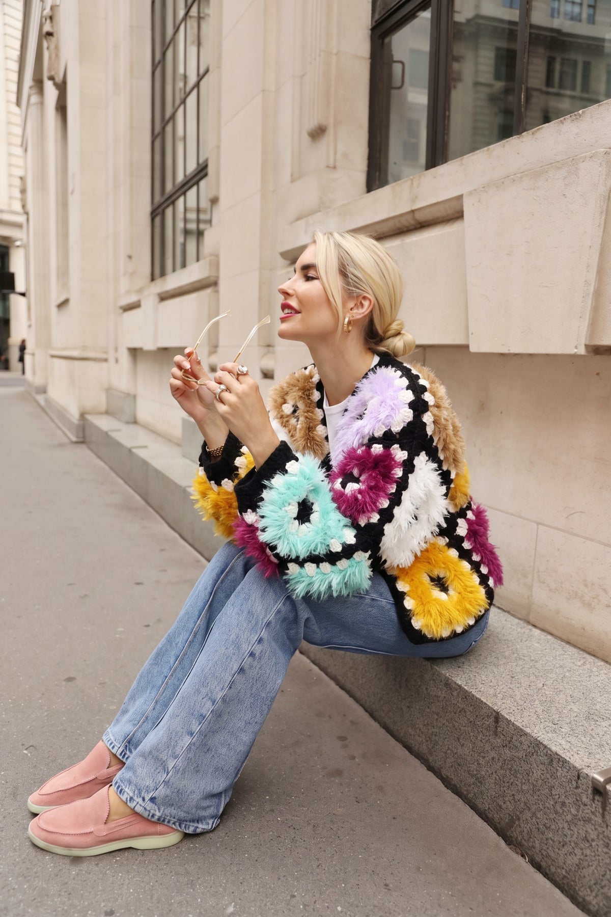 Hand Knit Fluffy Multicolour Granny Square Cardigan