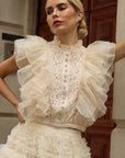 Statement Ruffle Lace Crop Top with Crystal Embellishment