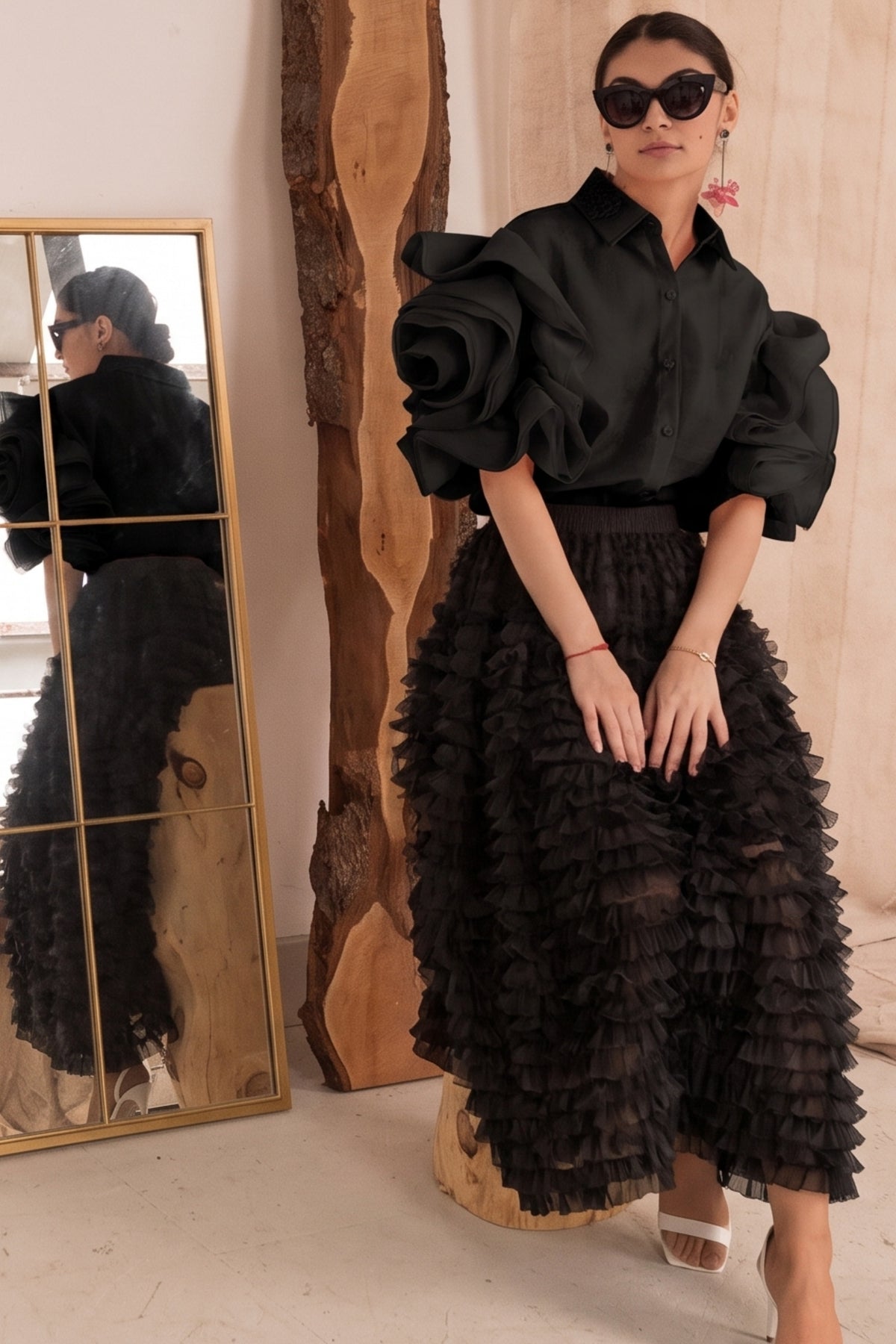 Statement Layered Ruffle Tulle Maxi Skirt In Black