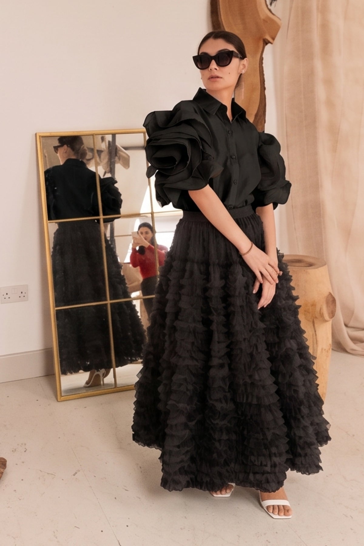 Statement Layered Ruffle Tulle Maxi Skirt In Black