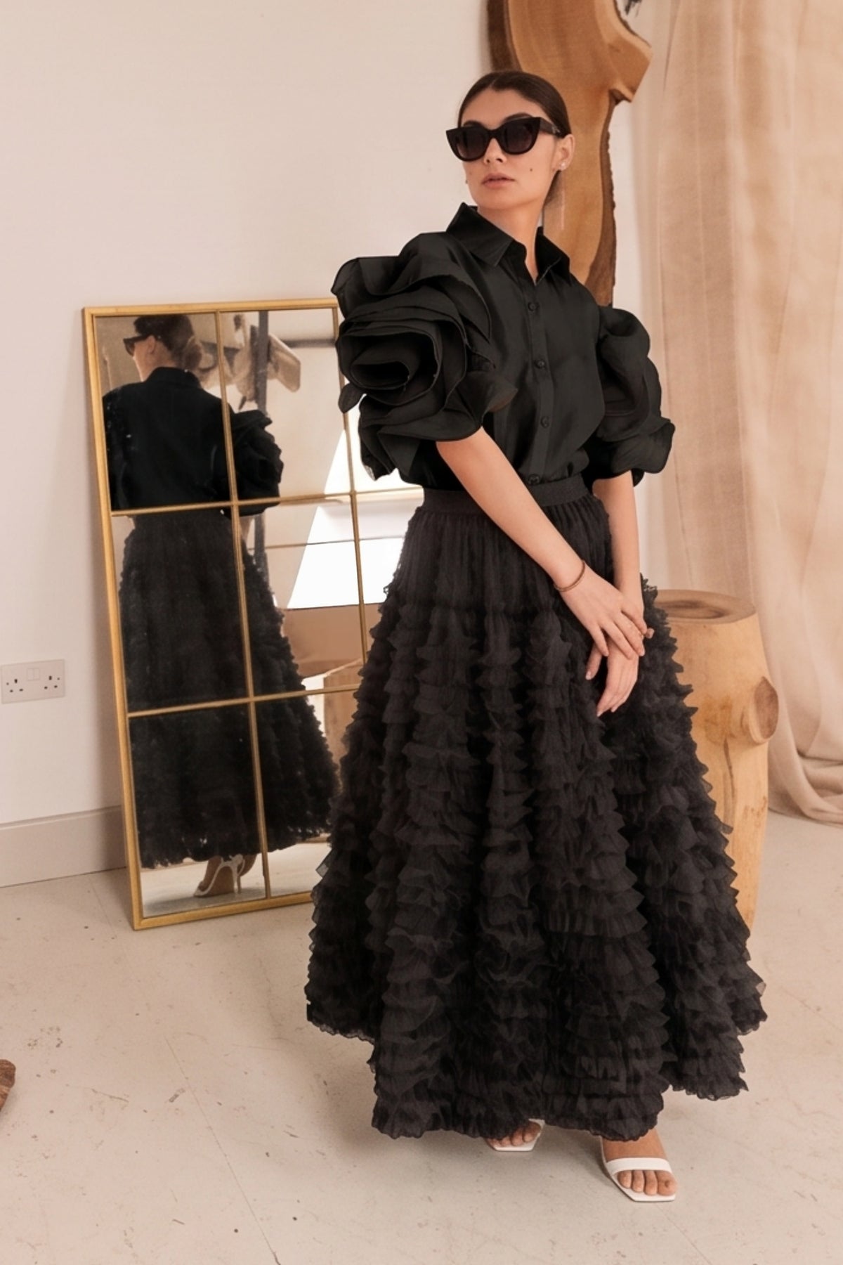 Double Layered Ruffles statements sleeves shirt in Black