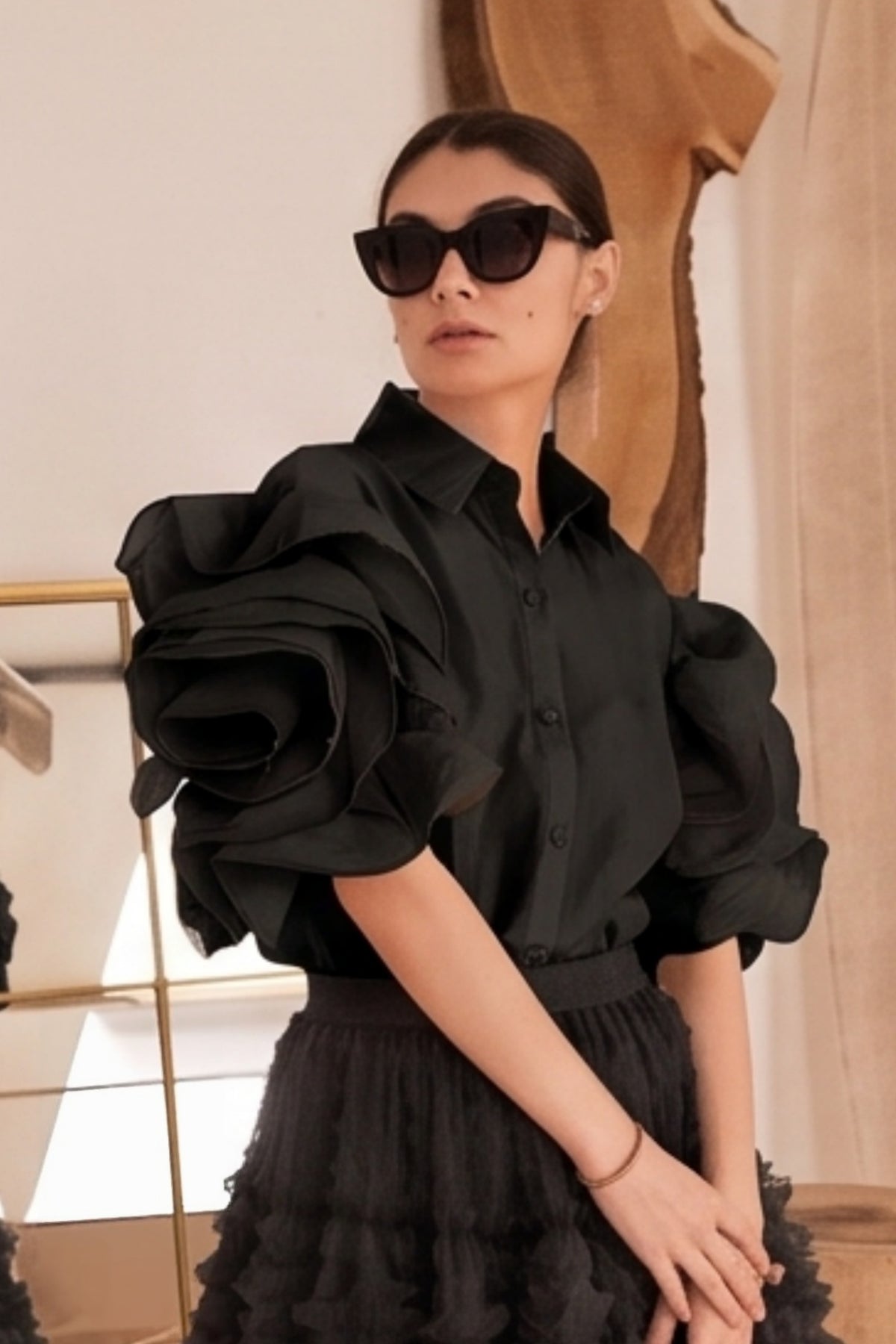 Double Layered Ruffles statements sleeves shirt in Black